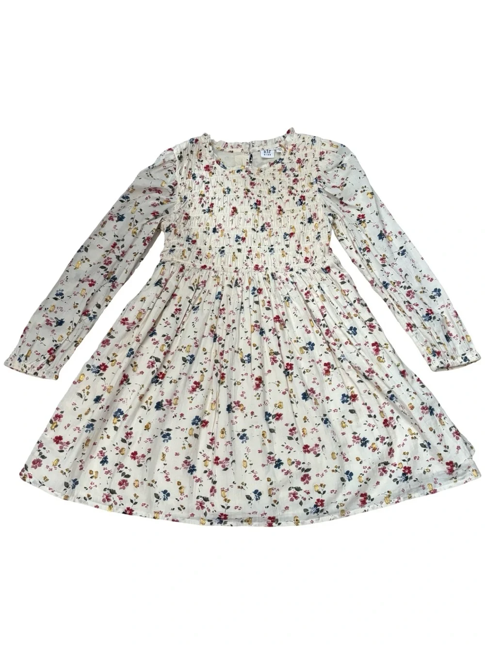 GAP Cream Floral Smocked Long-Sleeve Dress with Gold Accents in Size 6-7